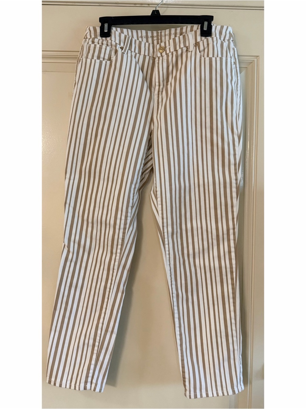 Chico's White and Tan Vertical Stripe Chinos